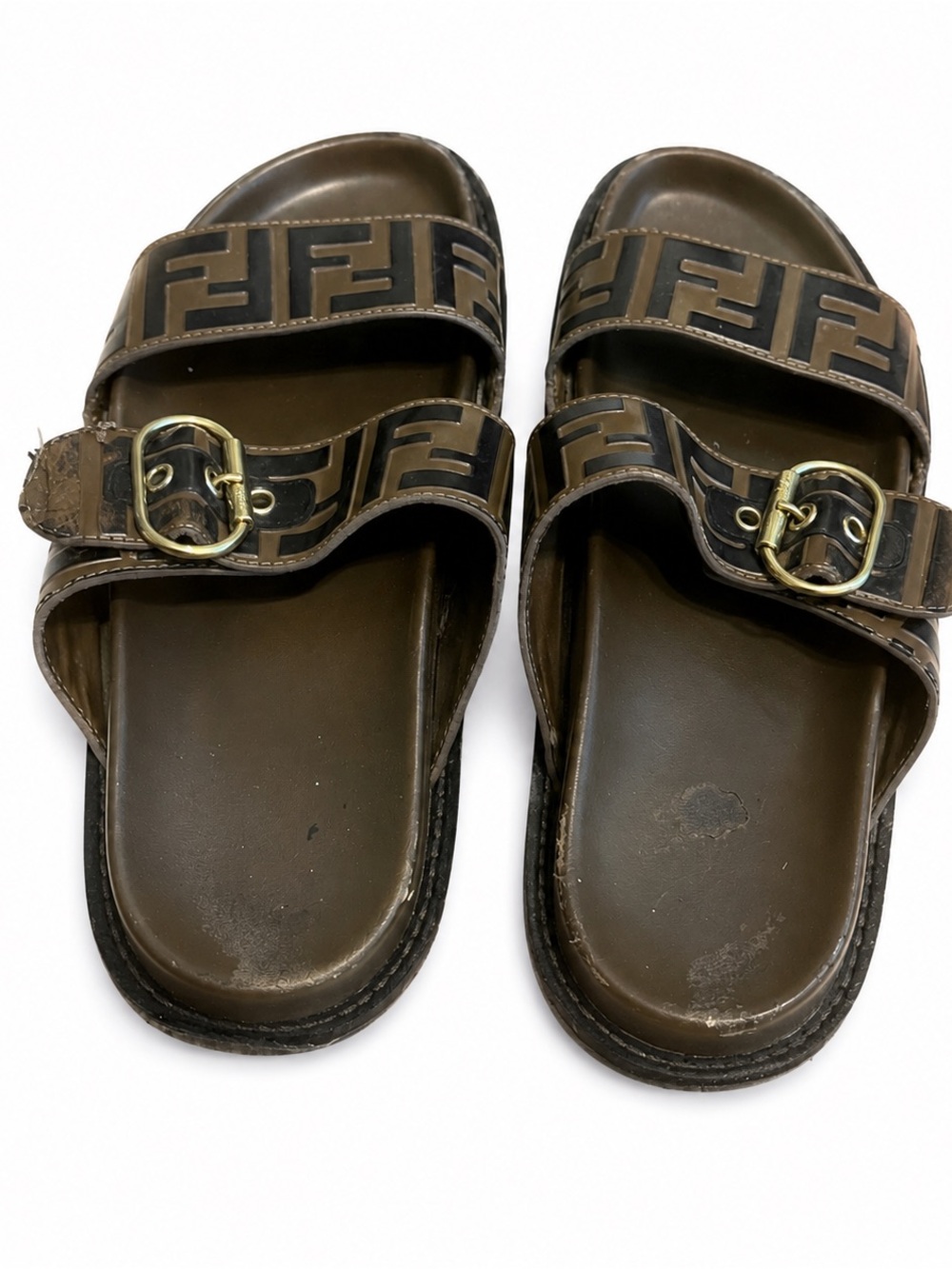 Fendi FF Zucca Logo Double Strap Leather Slides EU 37.5 - Picture 2 of 7